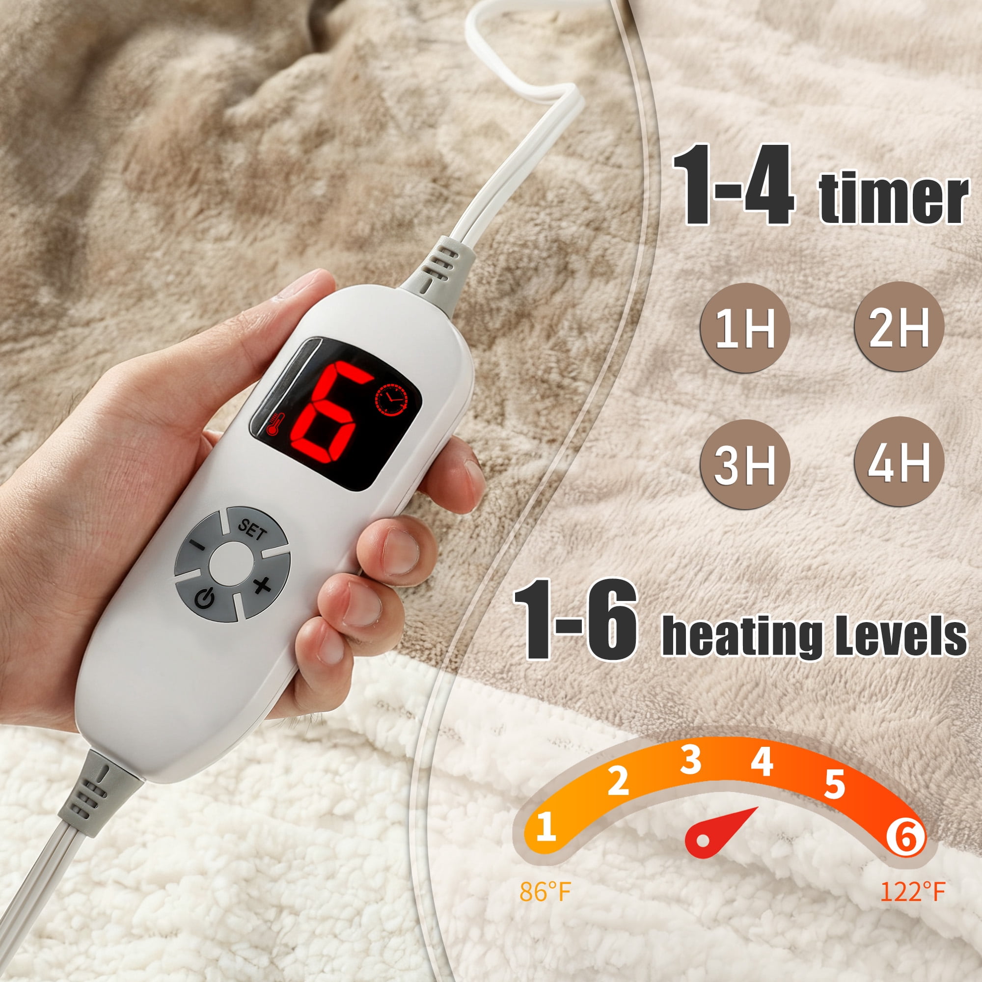 TRUSTWARMTH Wearable Heated Throw Blanket 50"*64", Electric Heated Throw Blanket Wrap Poncho with Hood Pockets, 6 Heating Levels & 4 Hours Time Settings, Machine Washable, Beige