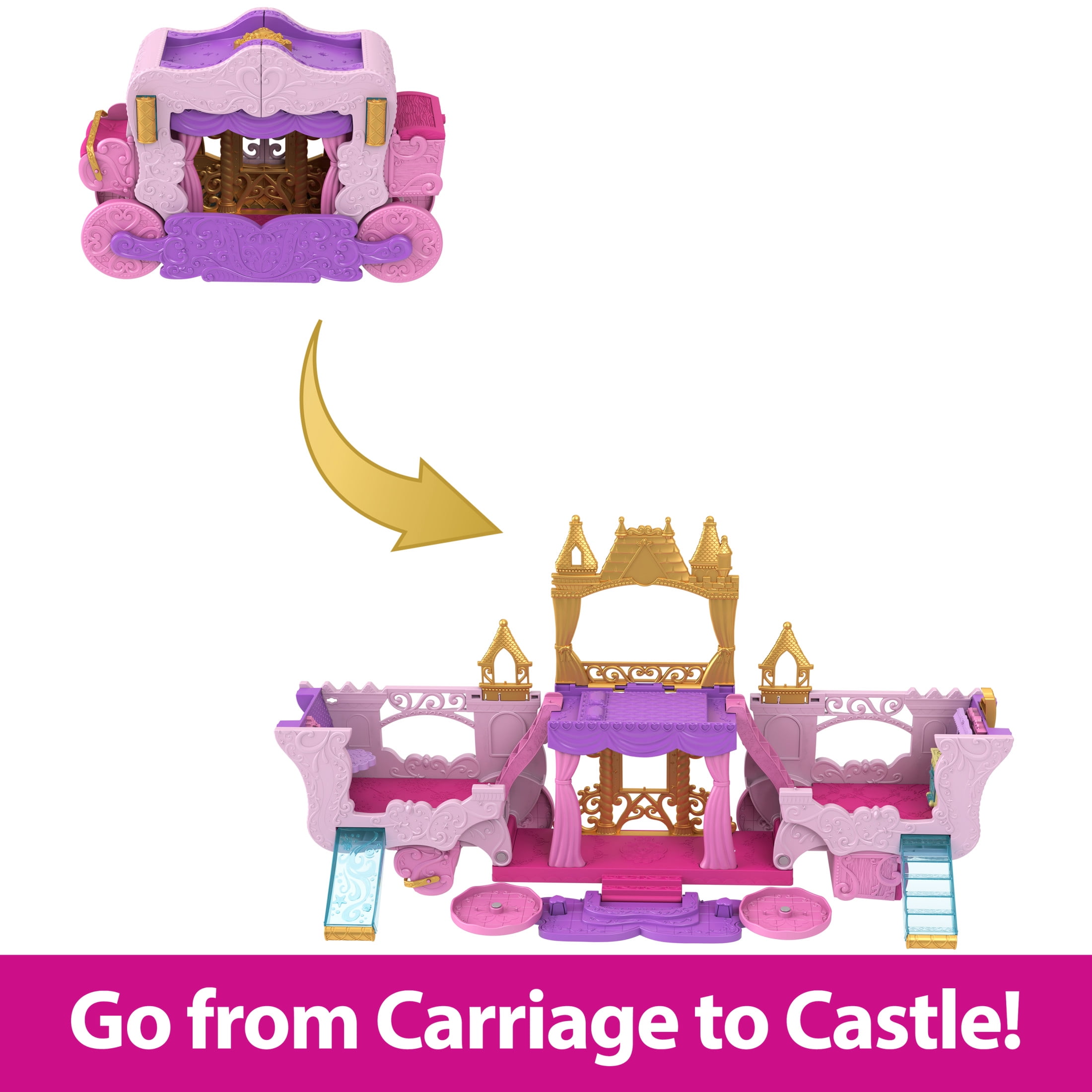 Disney Princess Carriage to Castle Transforming Playset with Aurora Small Doll, 4 Figures & 3 Levels