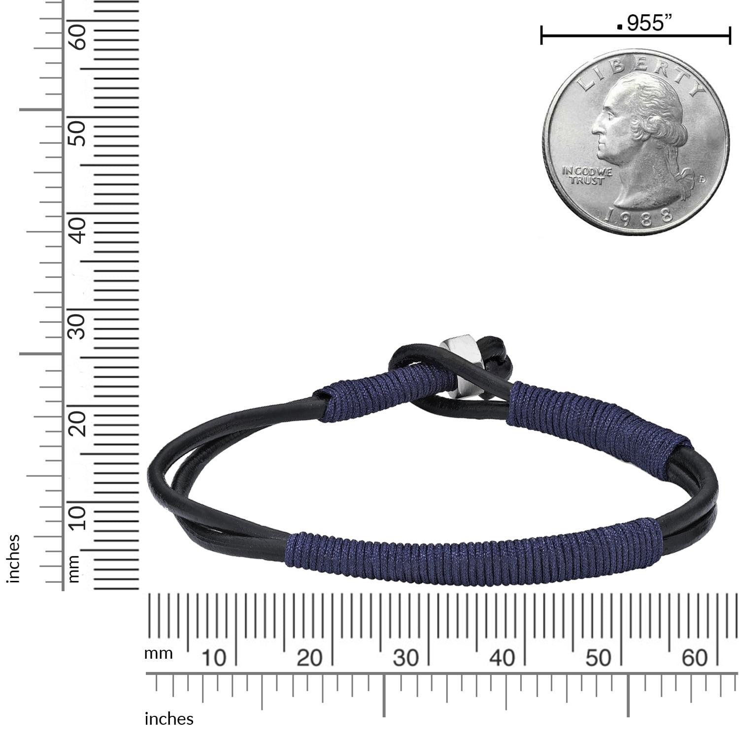 Metro Jewelry 8.5 Inches Long Blue Cord Wrapped Bracelet for Men with Thin Smooth Dual Band Genuine Leather 6 mm Wide Specialty Lock