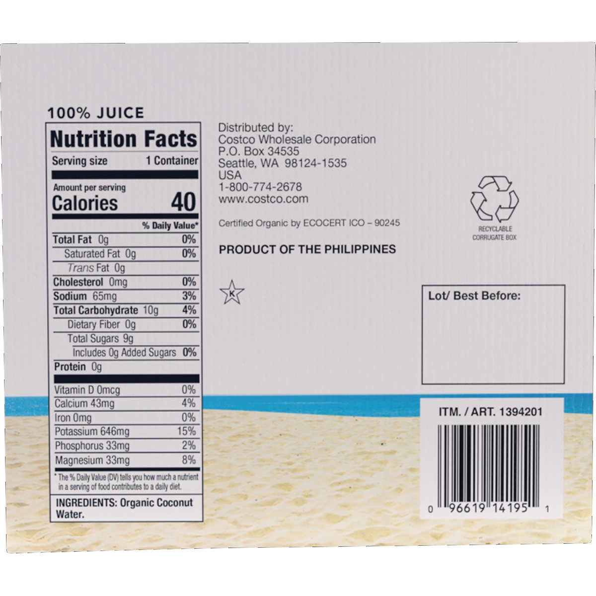 Kirkland Signature Organic Coconut Water 11.1 Fluid Ounce (Pack of 12)