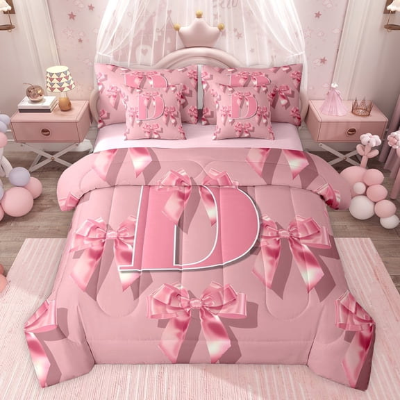 Castle Fairy Ribbon Bow Knot Personalized Initial D Twin Bedding Sets 7-Piece for Preppy Child Teens,Cute Pink Bow-Tie Bedding Comforter Set Microfiber,Dreamy Princess Bow Alphabet Sheet Sets