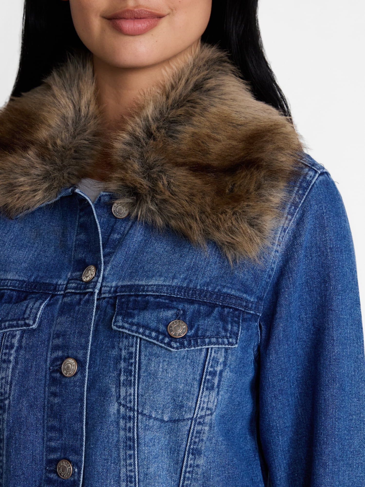 Madden NYC Women's Cropped Denim Jacket with Faux Fur Collar, Sizes XXS-XXL