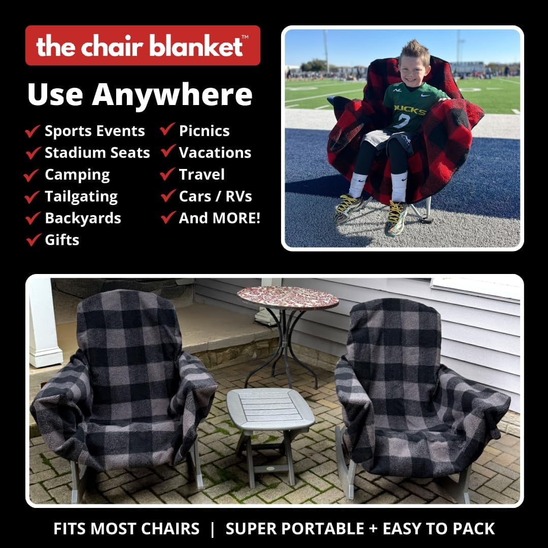 FeGe  The Chair Blanket – Reversible, Waterproof & Polar-Lined - Stretchable Elastic Back - Original Patio Chair Cover – Ideal for Homes and Outdoor Furniture- with Carry Pouch – Gray Plaid