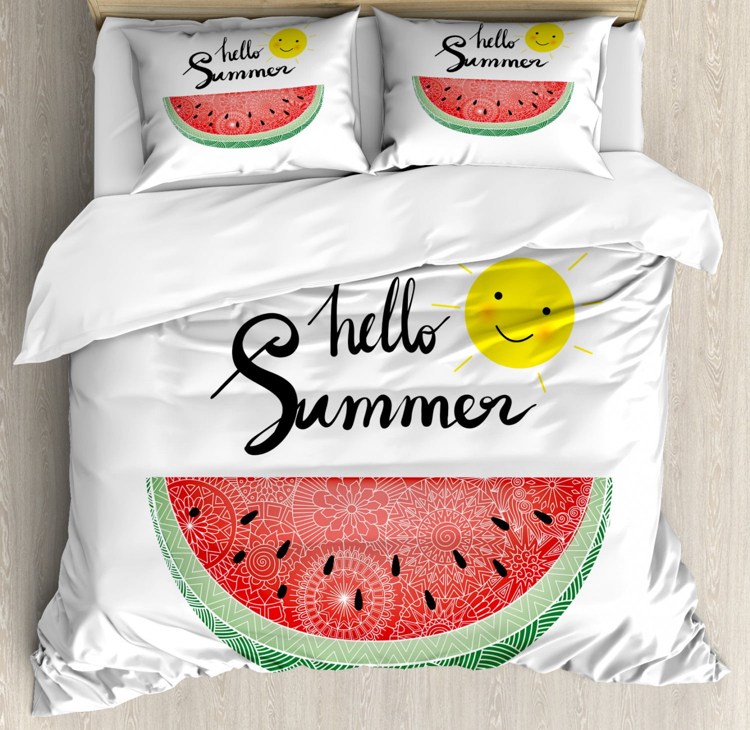 Hello Summer King Size Duvet Cover Set, Abstract Design with Zentangle Patterned Watermelon