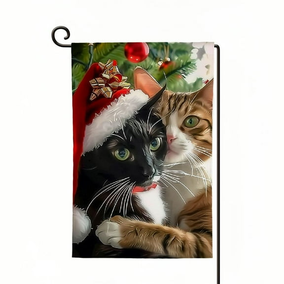 Heduofu  Merry Christmas Cute Cat Kitty Xmas Tree Decor Winter Garden Flag Outdoor Yard Flag  White