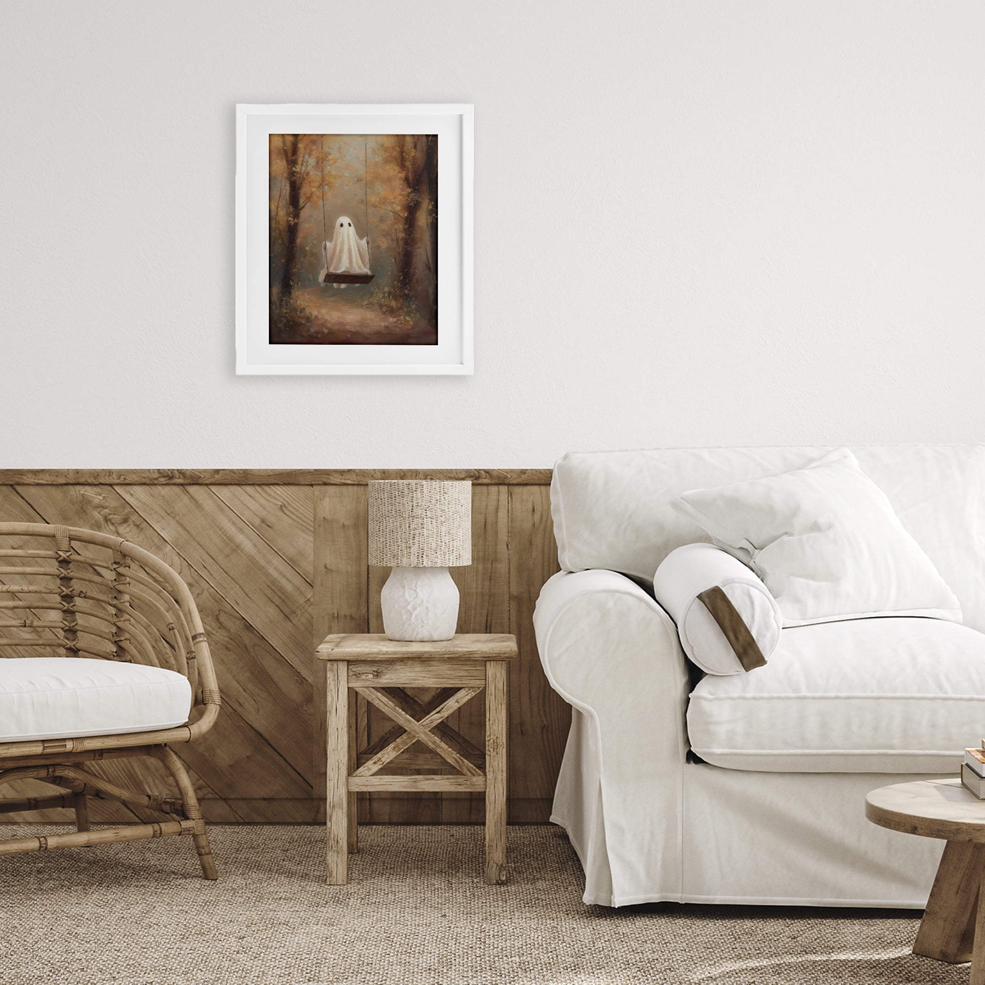 Eerie Swinging Ghost White Framed Print Under Glass, design by Arlington Prints