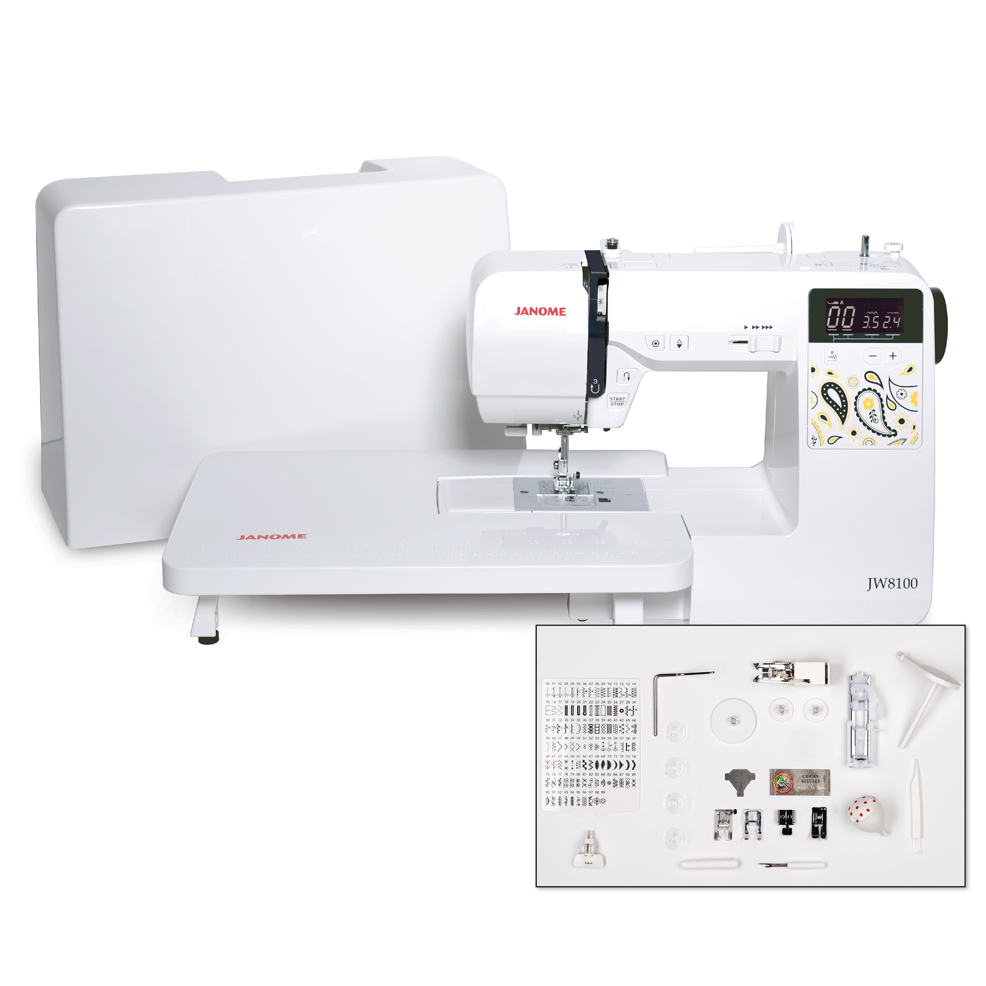 Janome JW8100 Fully-Featured Computerized Sewing Machine with 100 Stitches, 7 Buttonholes, Hard Cover, Extension Table and 22 Accessories - image 3 of 12