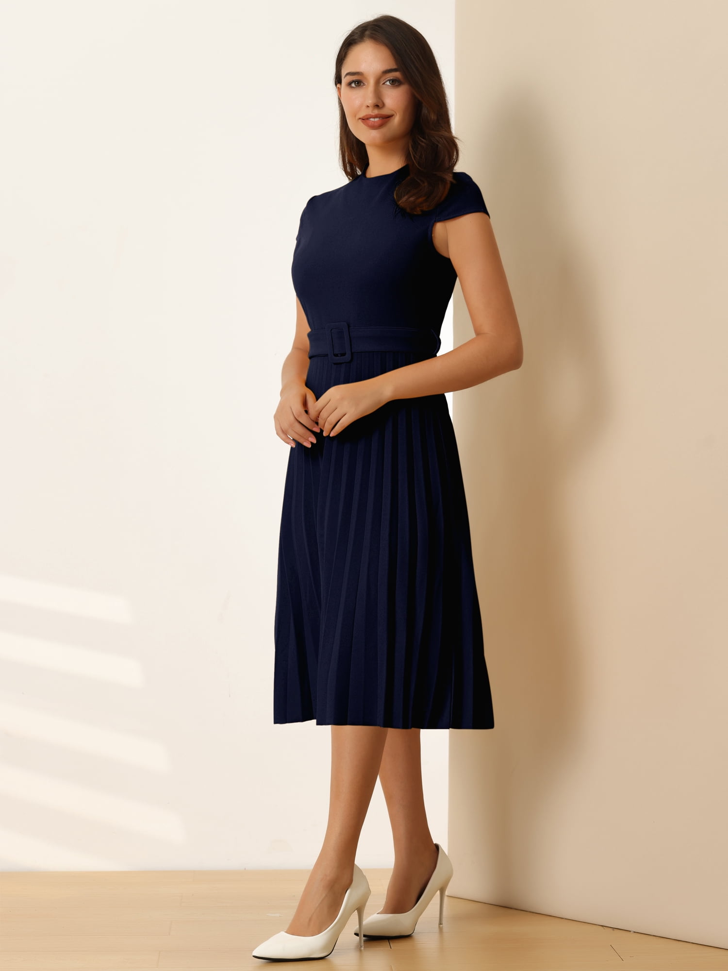 DARING DIVA Women's Mock Neck Cap Sleeve Belted A-Line Dress S Dark Blue