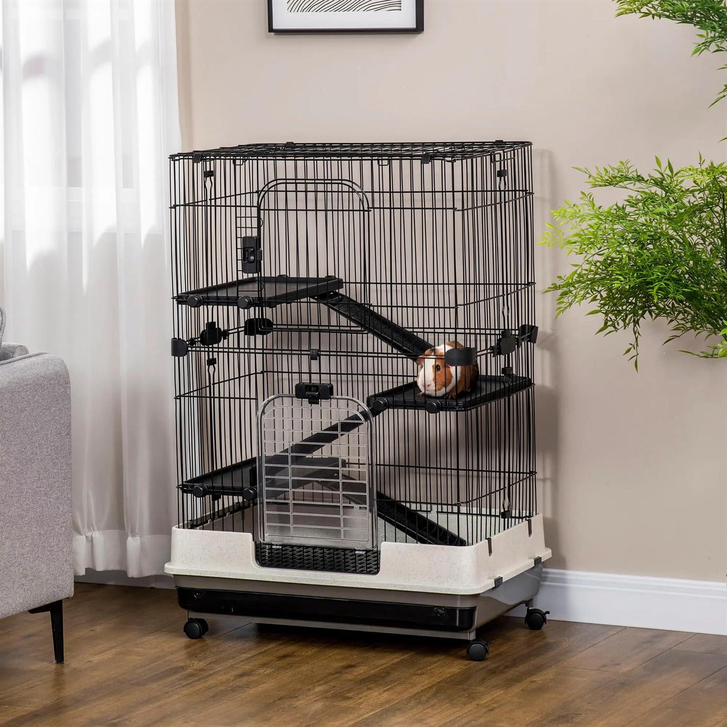 Kadyn 32" Large Hamster Cage, Rabbit Hutch with Tubing System, Running Wheel, Ramps, Platforms, 4-Level Small Animal Habitats for Bunny, Chinchillas, Ferret, Gray