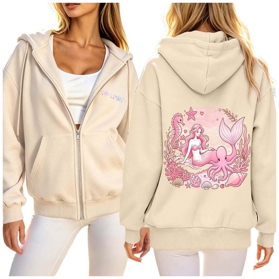 Vintage Hoodies for Womens Full Zip Up Drawstring Ocean Animal Print Casual Long Sleeved Hoodeded Pullover Trendy Cute Sweatshirt With Pocket