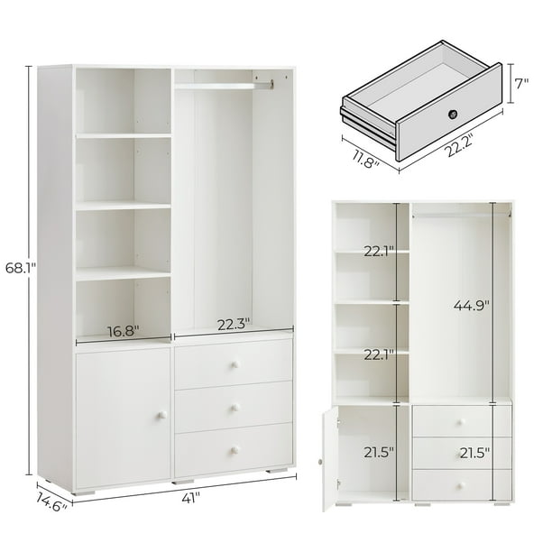 Gzxs Wardrobe Armoire Wooden Closet with 1 Door, 3 Drawers, 4 Open
