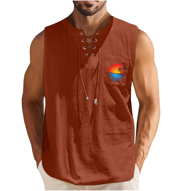 Camisetas de Verano para Hombre, Corbata Casual de Color Sólido sin Mangas Cuello Redondo Camiseta de Camiseta Hecha de 60% Algodón 40% Lino, Bajo Camisetas para Hombres