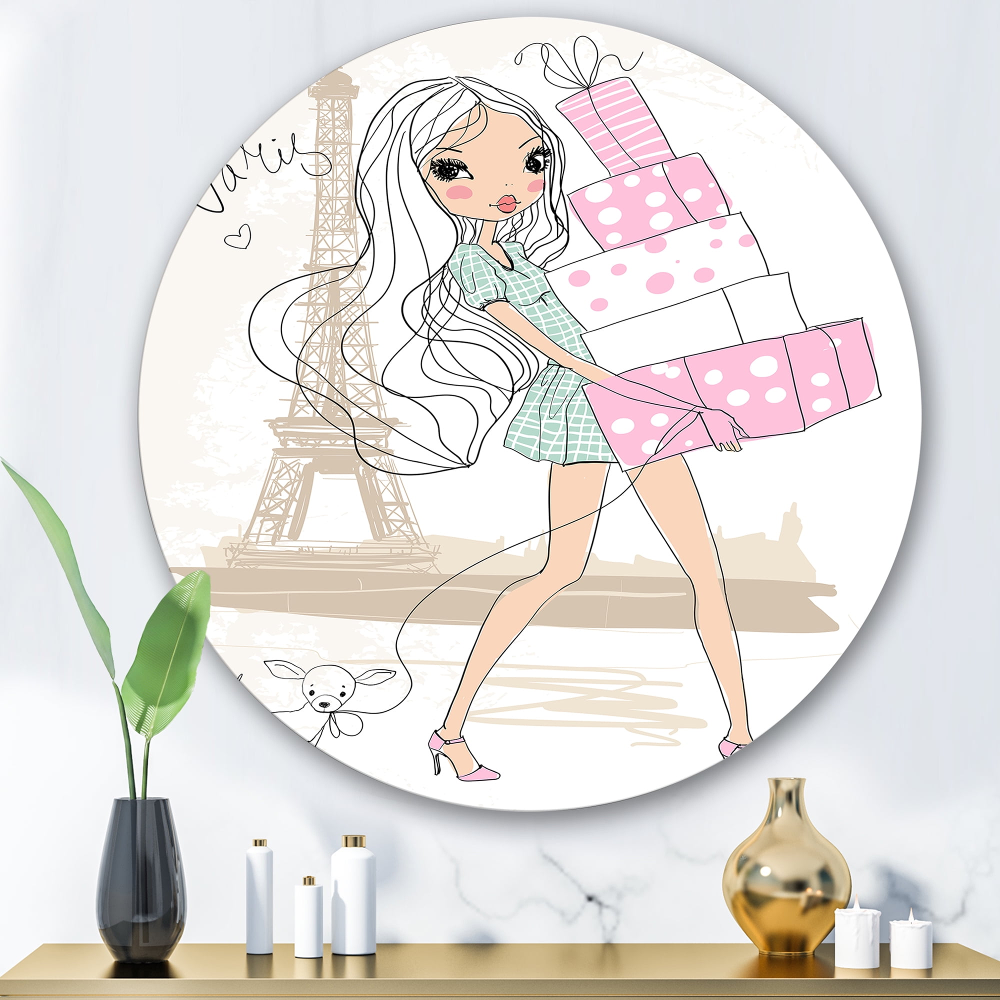 Designart 'Young Woman With Shopping Boxes In Paris' Shabby Chic Circle Metal Wall Art 29x29 - Disc of 29