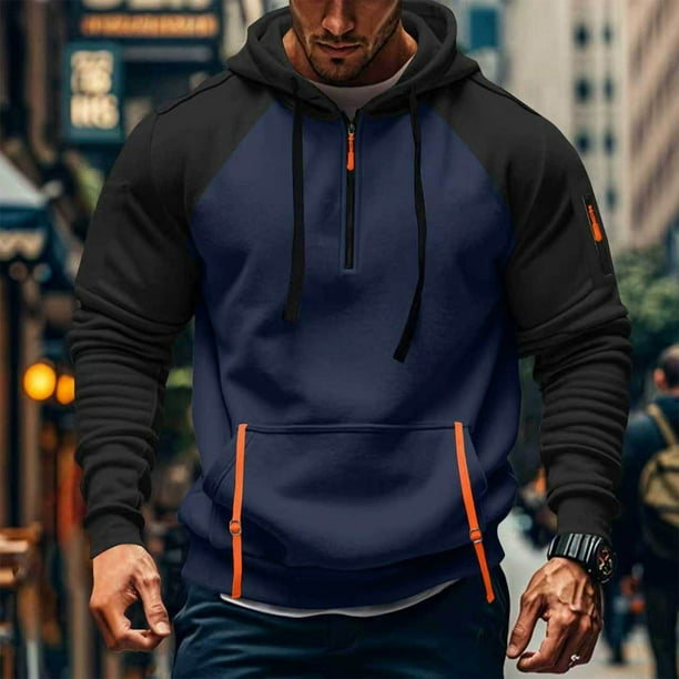 pstuiky manga larga de hombre, Sudadera deportiva informal de manga larga con capucha y cordón ajustable con media cremallera y bolsillo en color liso para hombre top de hombre xxxl
