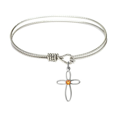 - 6 1/4 inch Oval Eye Hook Bangle Bracelet w/ Loop Cross medal charm w/ November Yellow Swarovski Crystal
