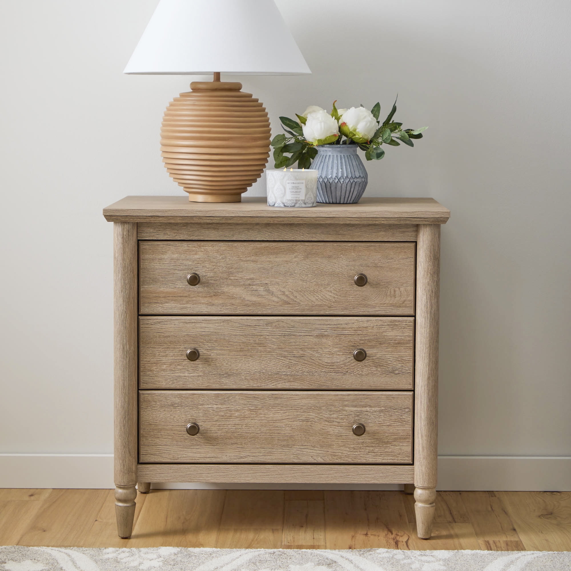 (2 pack) My Texas House Monroe 3 Drawer Nightstand with USB, Brushed Oak Finish