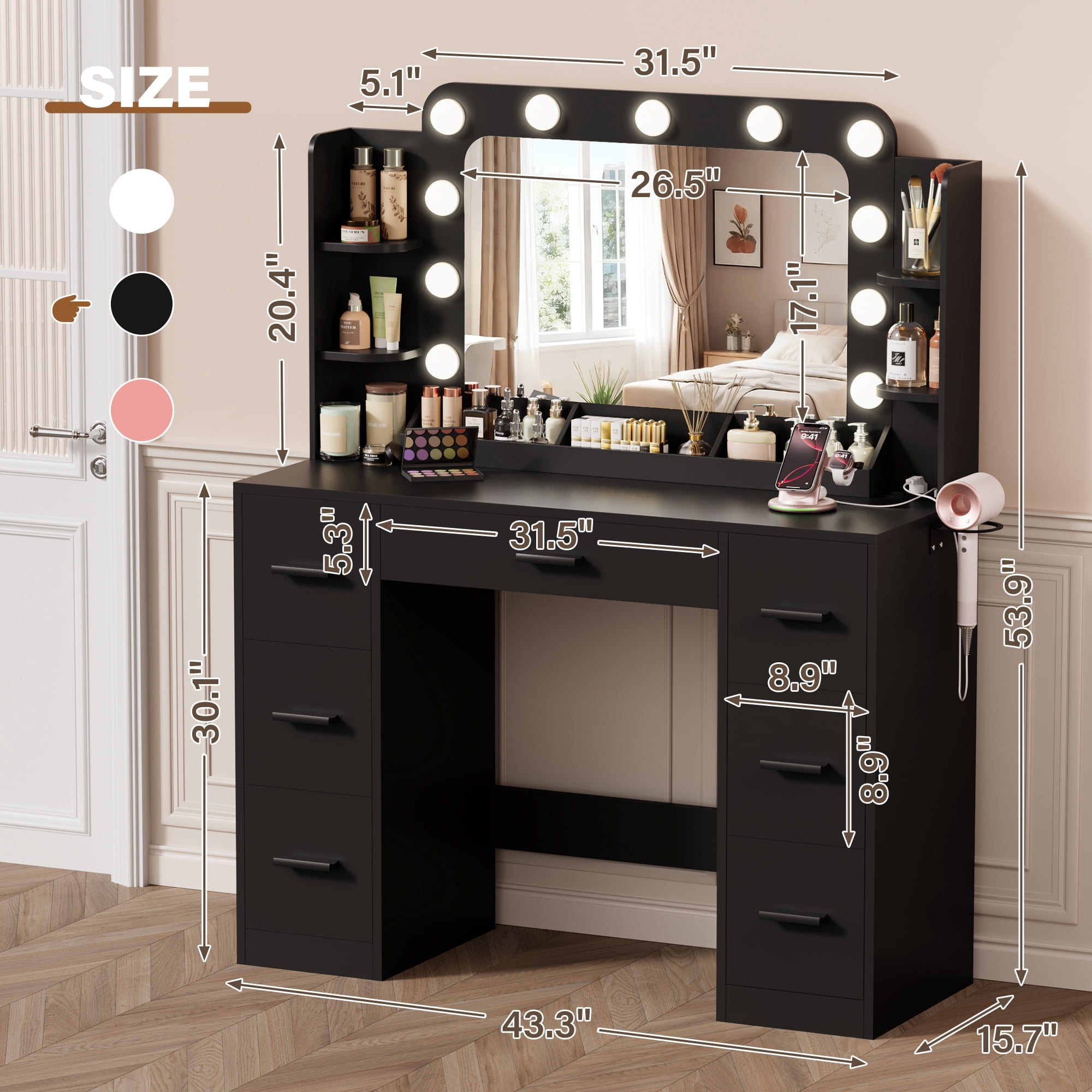 Lacoo Vanity Desk with Mirror & Lights, Makeup Vanity Set with 7 Drawers & Shelves, Vanity Table for Bedroom, Black