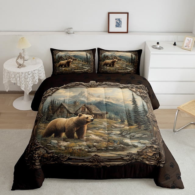 Erosebridal Ensembles de Literie Faune Ours Simple avec Couette, Insert de Couette Rustique Vintage, Décor Impression à l'Huile, Réversible 2 Pcs