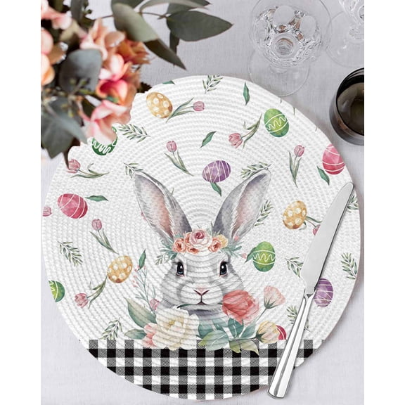 13 Inch Round Placemats Set of 4, Easter Non Slip Heat Insulation PP Table Mats, Spring Watercolor Bunny Eggs Flower Black Plaid Washable Place Mats for Kitchen Dining Party Table Decor