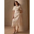 thumbnail image 3 of Apricot Floral Lace High Neck Short Sleeve Sheath Midi Dress, 3 of 30