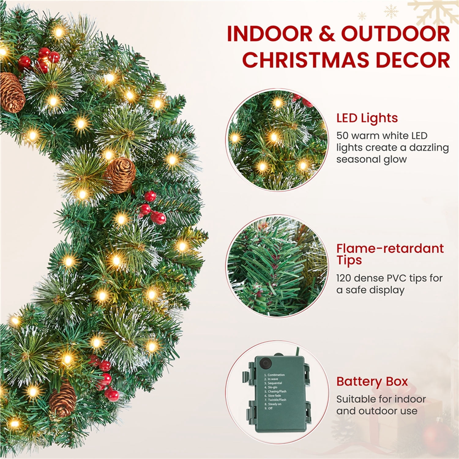 Alden Design 24 inch Artificial Pre-lit Frosted Christmas Wreath with Bowknot & Pinecones & Holly Berries & LED Lights, Green