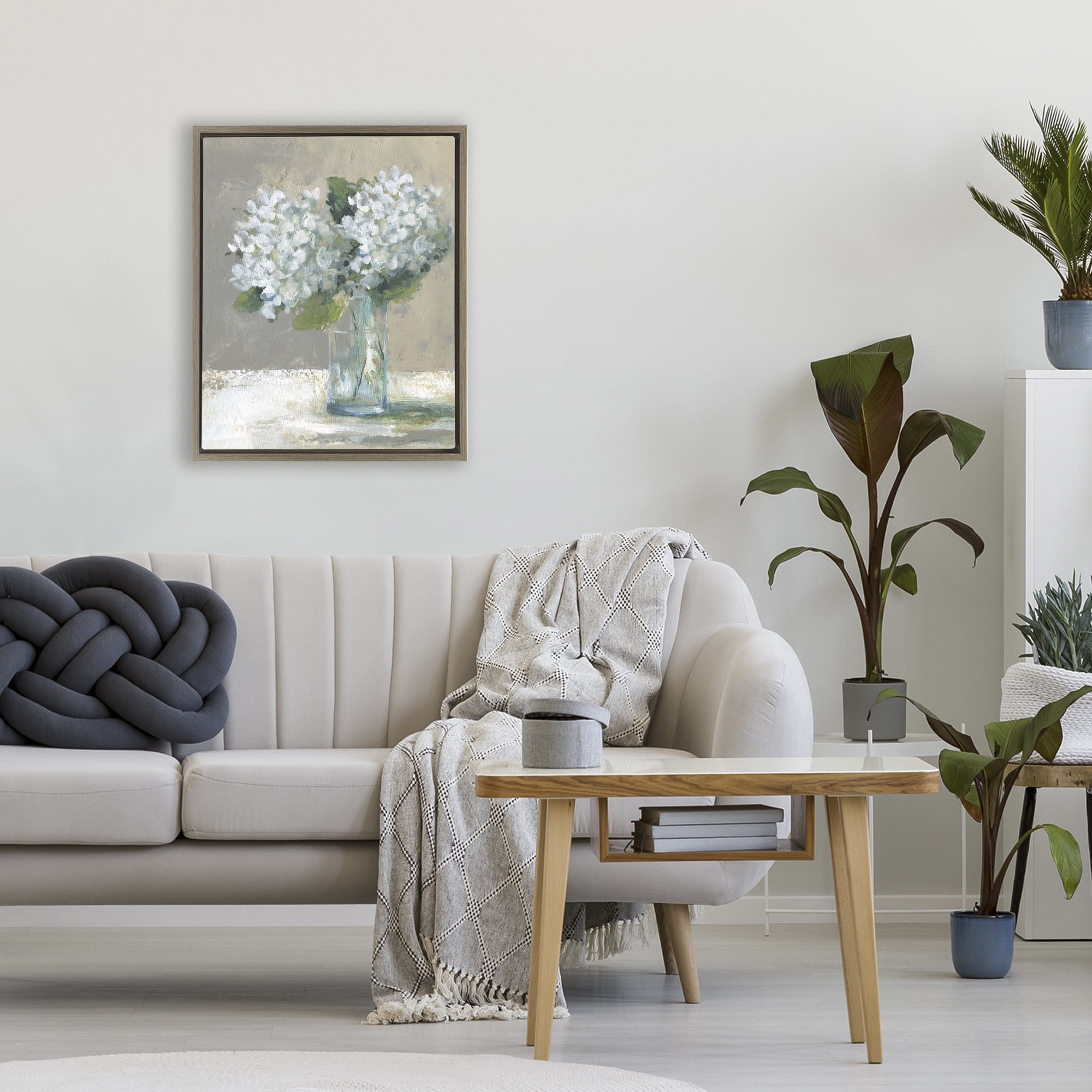 Stupell Industries White Hydrangeas Glass Vase Brown Framed Floater Canvas Wall Art, design by Carol Robinson