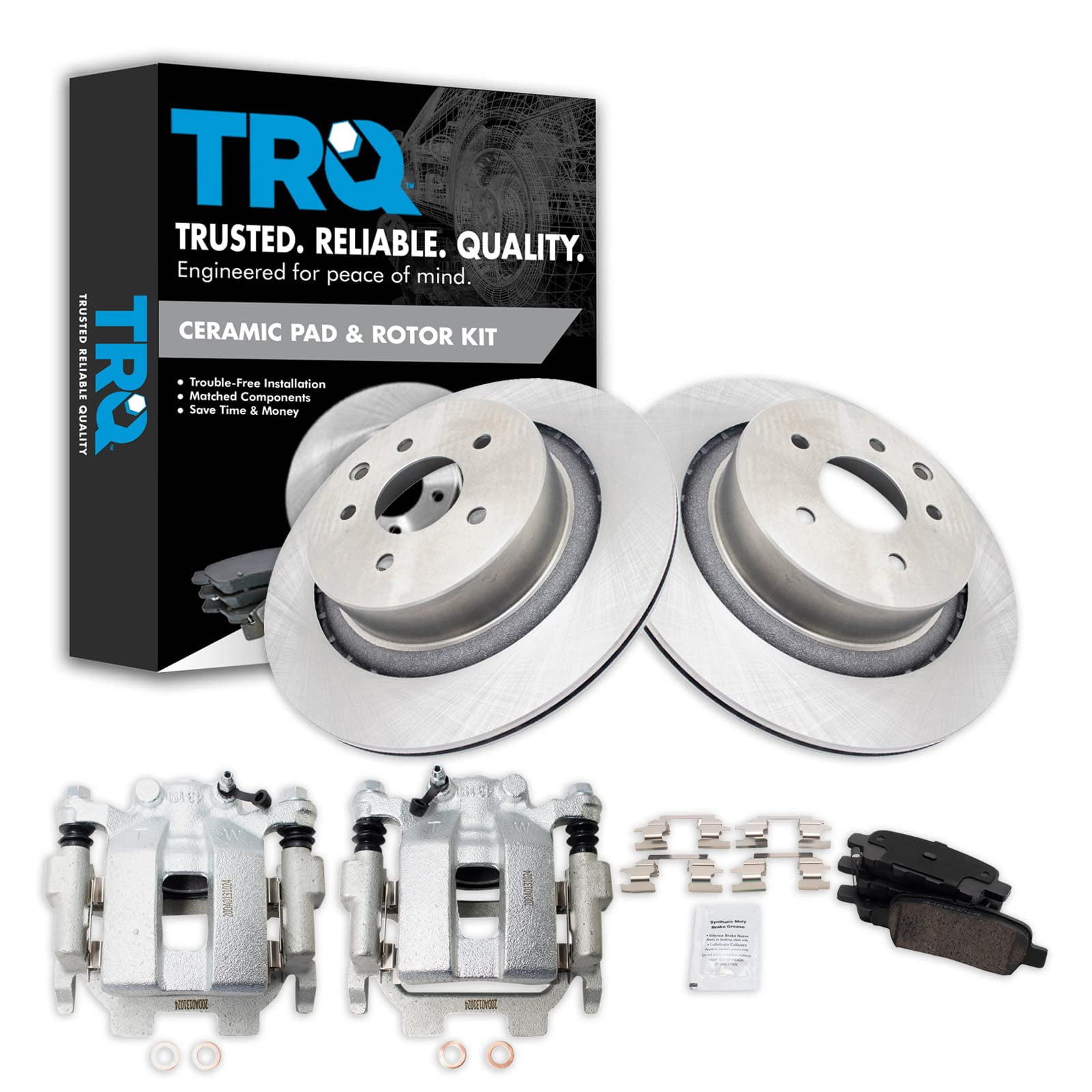 TRQ Rear Brake Calipers Ceramic Pads & Rotors Kit Fits 20112013