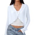 thumbnail image 2 of PBFRDSJ Women's Y2K Open Front Cardigan Textured Lettuce Trim Long Sleeve Loose Streetwear Chiffon Cover Up, 2 of 7