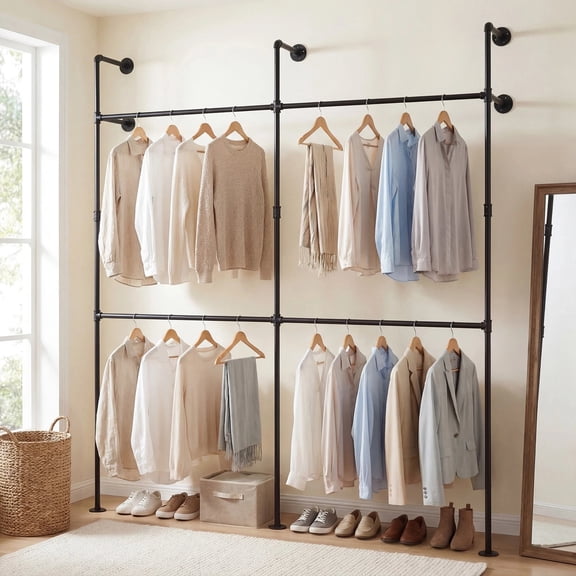Auranook Wall Mounted 2-Tier Industrial Pipe Clothing Rack, Heavy-Duty Metal Garment Organizer, Space Saving Clothes Hanging Rod