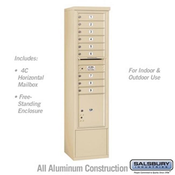 Salsbury 3916S-09SFU 72 in. Maximum Height Unit Single Column 9 MB1 Doors & 1 PL4.5 Front Loading Free Standing 4C Horizontal Mailbox Unit, Sandstone - USPS Access