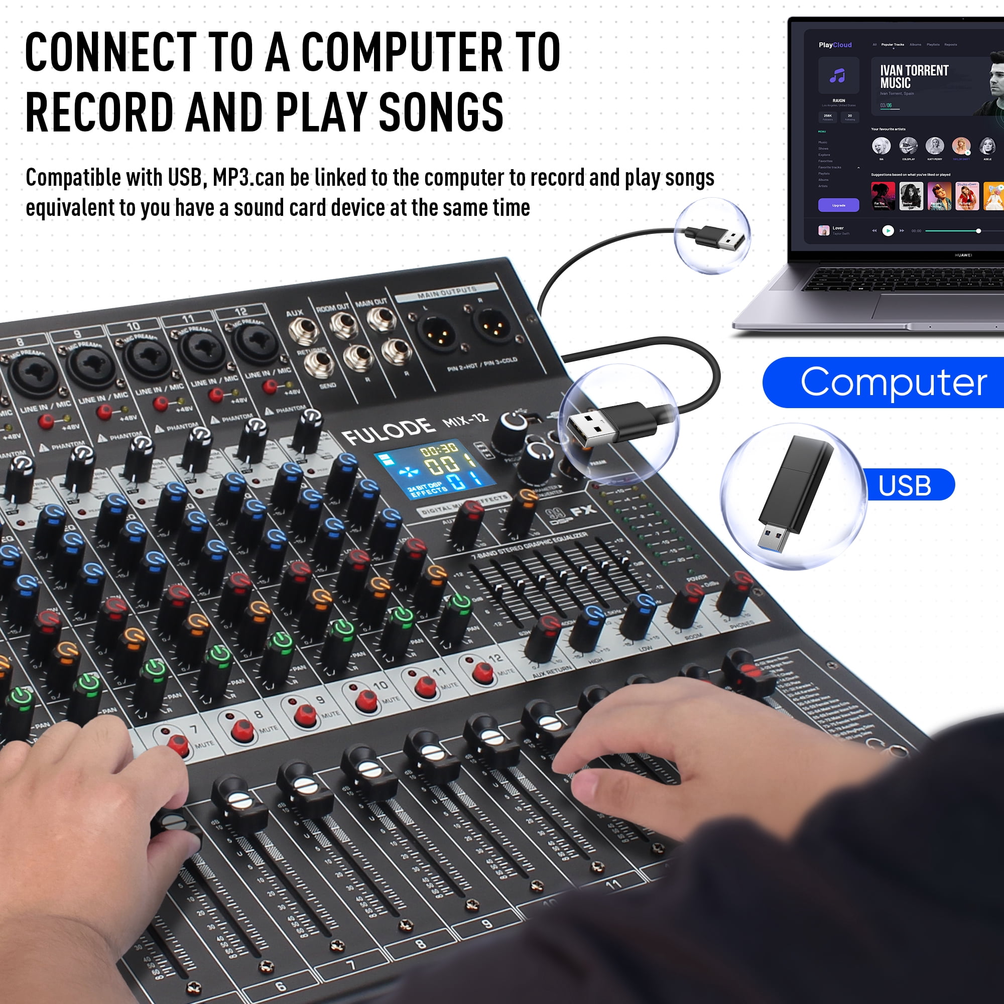 FULODE 12-Channel Bluetooth Studio Audio Mixer 99 Bit DSP Digital Processor w/ USB MP3 for PC Recording Input, RCA, XLR Microphone Jack, 48V Power, For Professional and Beginners DJ Mixer