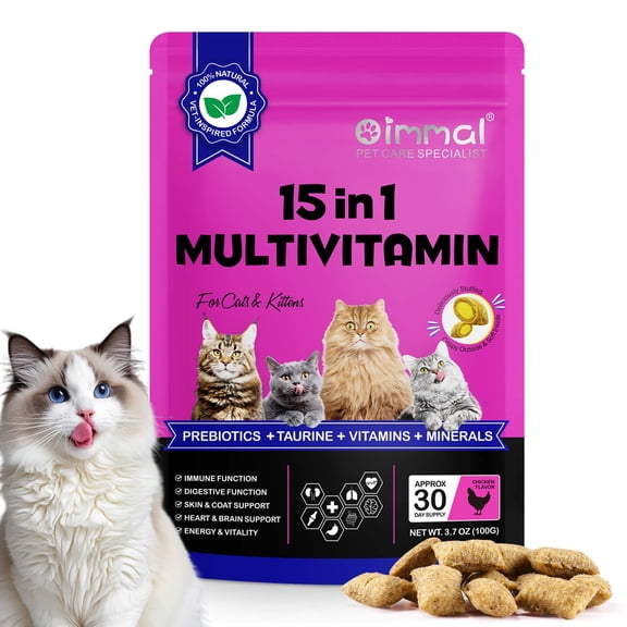 Cat Multivitamin Crunchy Treats with Taurine & Omega-3 – Supports Immunity, Skin, Coat, Digestion & Joints, Chicken Flavor 3.7 oz