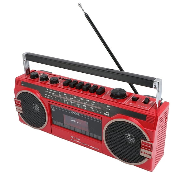 Retro Cassette Tape Player Recorder AM SW Radio with Bluetooth Speaker, Battery Operated AC Powered, Tape Recorder Cassette Player USB Slot Red