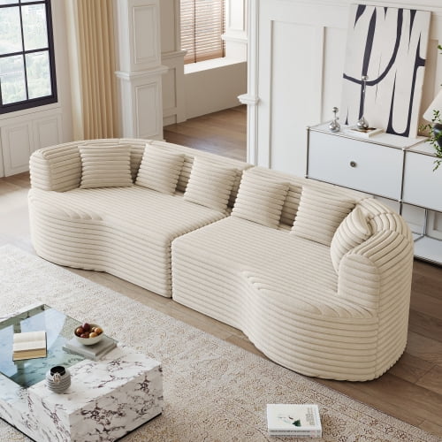 Curved Sectional Sofa, 106.3-inch Oversized Cloud Sofa with Memory Foam, Luxury Corduroy 4-Seater with 6 Pillows, No Assembly Required,Beige