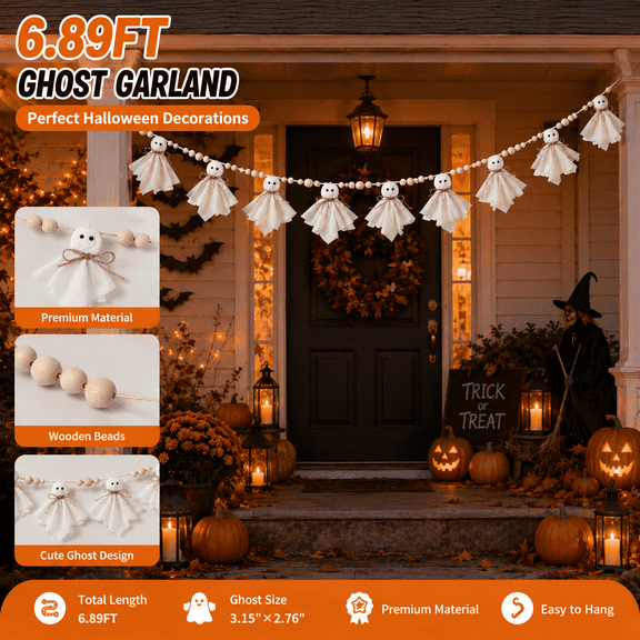 7ft Halloween Wooden Bead Wreath – White Ghost Plush Doll, Rustic Handmade Hanging Decoration for Fireplace Mantel Door Entryway Indoor Display