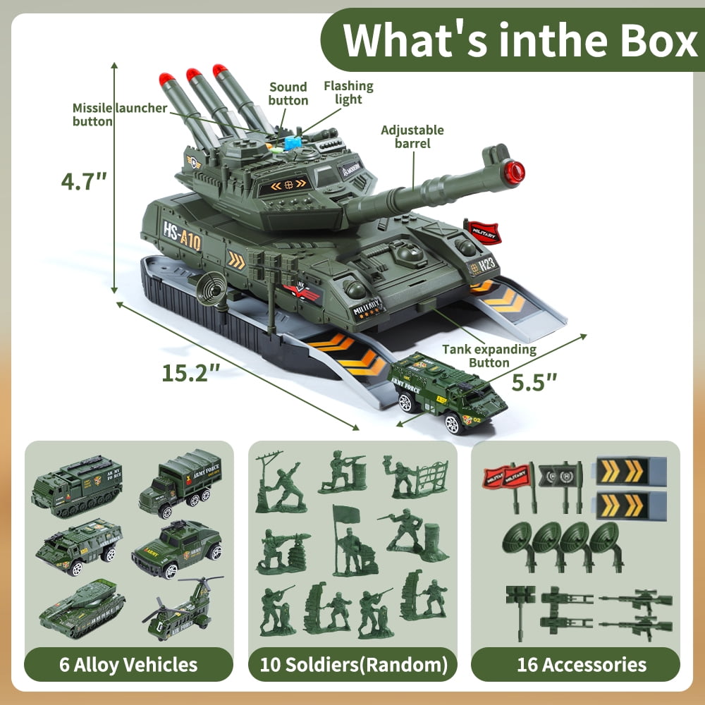JoyStone Military Vehicle Set Battle Tank Toy with Realistic Light & Sound, 6 Pack Mini Alloy Army Cars & Soldier Figures, Great Gift for Kids