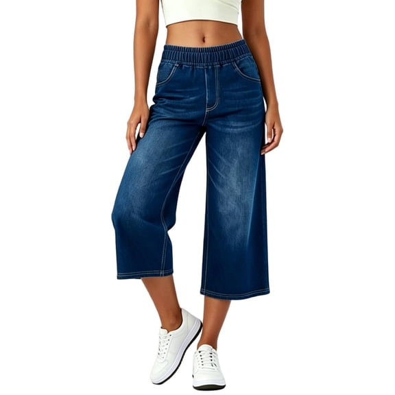 High Rise Capris Women Capri Jeans Wide Leg High Waisted Pull on Denim Pants Stretchy Loose Elastic Waist Pants with Pockets