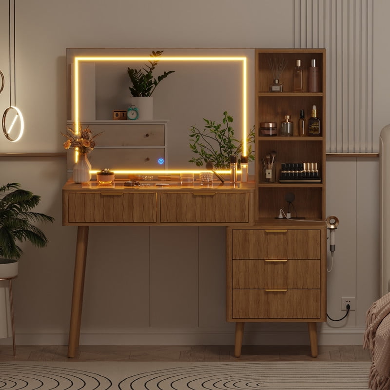 48" Fluted Makeup Vanity Table with 36" LED Mirror & 3 Color Lights Elegant Fluted Vanity Desk with 5 Storage Drawers Open Shelfs Dressing Table with Charging Station & Hair Dryer Rack for Bedroom