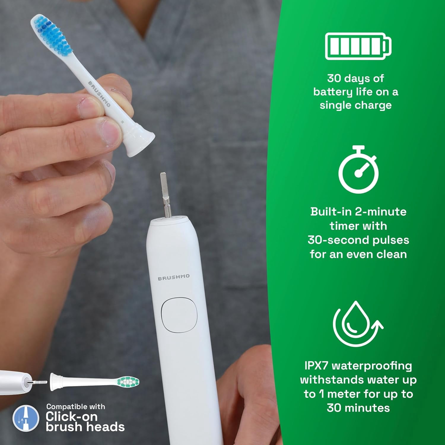 Brushmo Super Sonic Rechargeable Toothbrush, 5 Brushing Modes, Includes 4 Brush Heads, 2-min Timer, 30-Day Battery, Charging Base, Stellar White