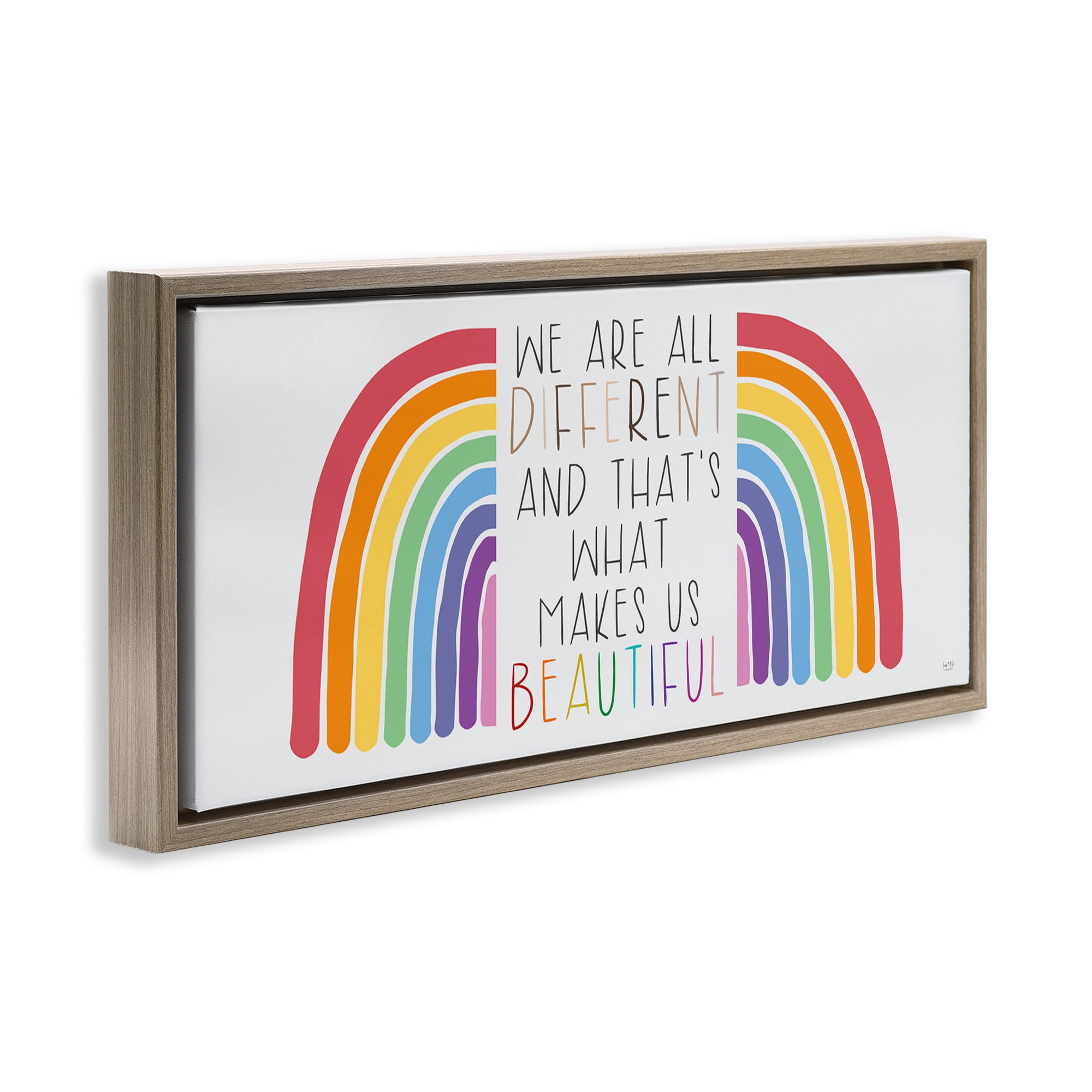 Stupell Industries Different Is Beautiful Rainbow Inspirational Painting Brown Floater Framed Canvas Art Print Wall Art, 31 x 14