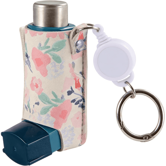 HNYG Asthma Inhaler Holder, PU Leather Protective Mini Holster, Inhaler Keychain Retractable Clip, Travel Portable Lightweight Inhaler Case, Pink Flower