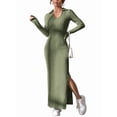 thumbnail image 3 of Women'S Casual Long Sleeve Collar V Neck Maxi Sweater Dress Slit Thigh Ribbed Knit Bodycon Pencil Dresses Green L, 3 of 9