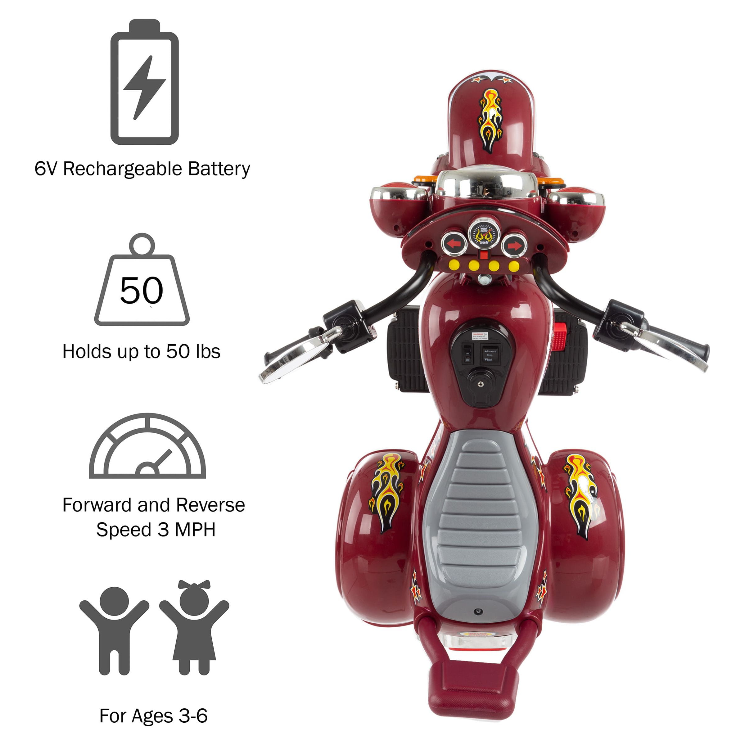 Ride on Toy, 3 Wheel Trike Chopper Motorcycle for Kids by Hey! Play! - Battery Powered Ride on Toys for Boys and Girls, Toddler and Up - Maroon