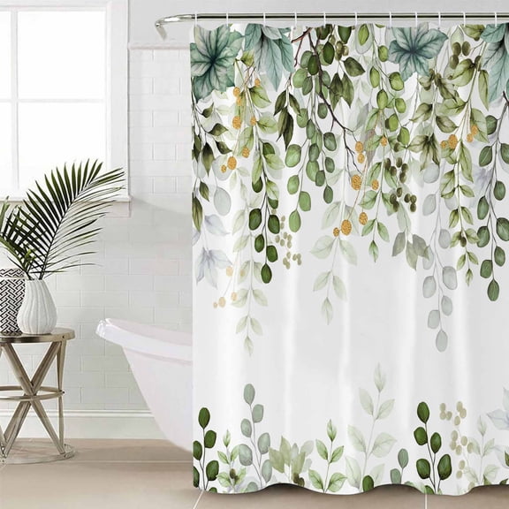 Green Eucalyptus Leaves Waterproof Fabric Shower Curtain, Summer Botanical Weeping Shower Curtain for Bathroom Curtains Bathtubs Hotel Washable Shower Curtains with 12 Hooks Stall 48x72in