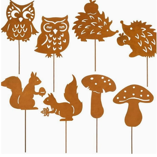 Decorative Garden Stakes Metal Rust Look With Hedgehog And Owl Designs For Outdoor Indoor Use 8 Piece Set