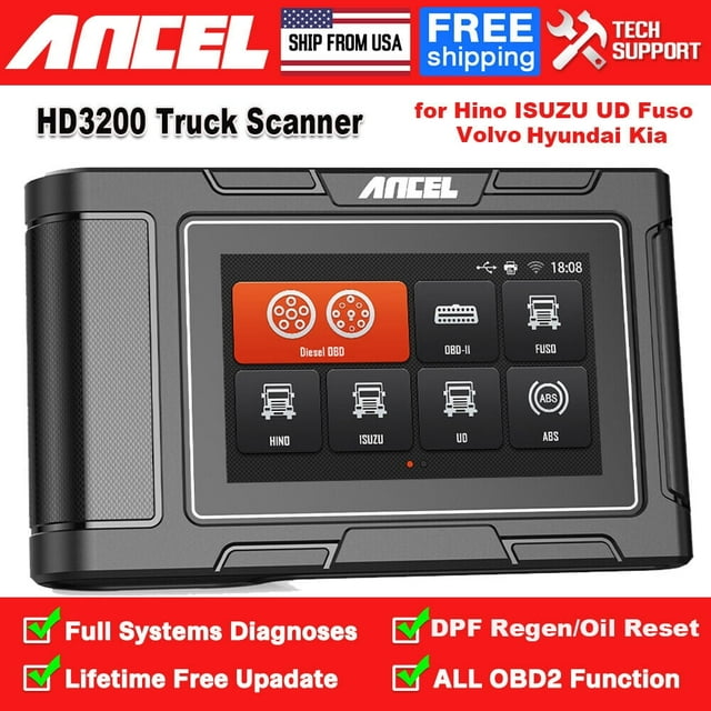 ANCEL HD3200 Scanner de Camion Robuste 24V Diesel Outil de Diagnostic pour HINO ISUZU FUSO Pin Detect HD OBD Camion & OBD2 Voiture 2 en 1 Lecteur de Code OBDII