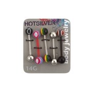 14g Tongue Barbell W/ Striped Bds 5 Pack