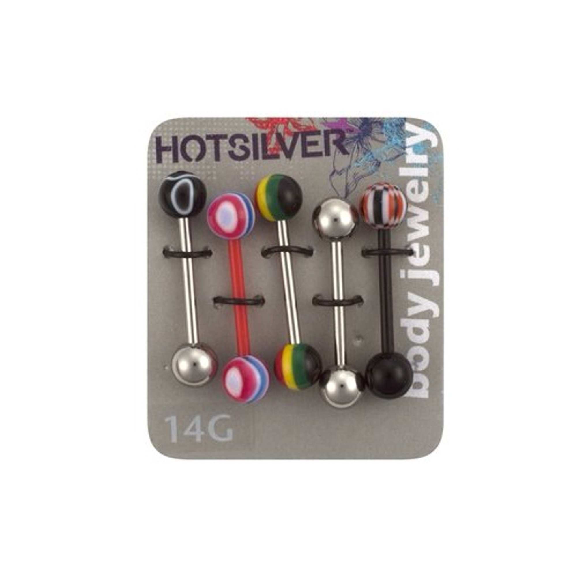 14g Tongue Barbell W/ Striped Bds 5 Pack