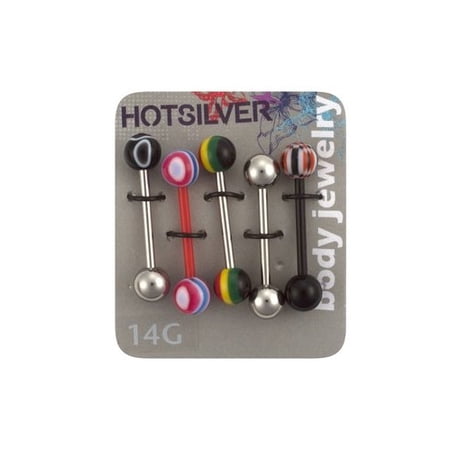 14g Tongue Barbell W/ Striped Bds 5 Pack