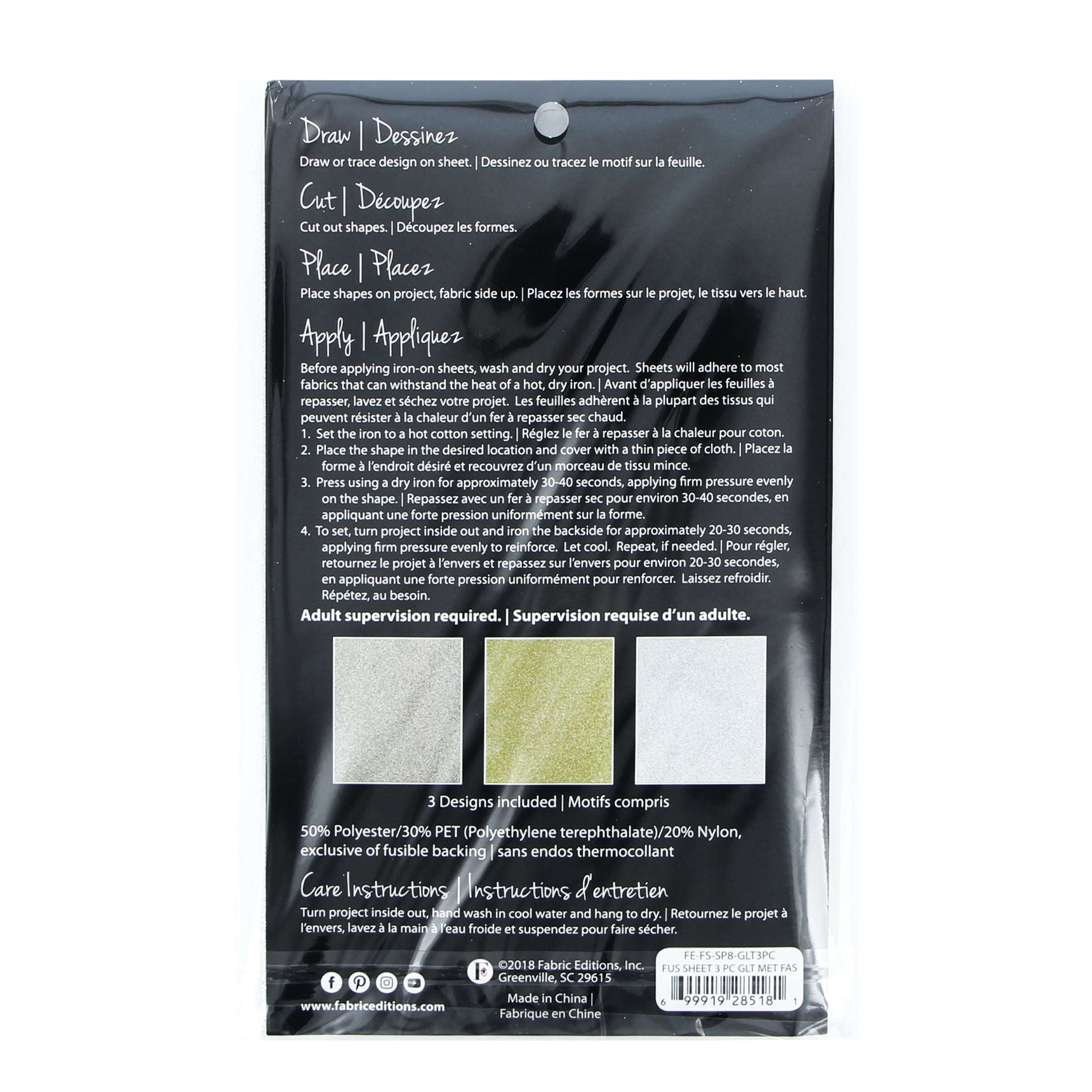 Fabric Expressions Metallic Glitter 8" x 9" Iron-On Fabric Sheets, 3 8" x 9" pieces